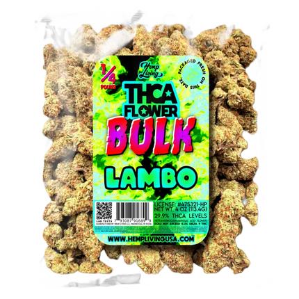 QP THCA Flower Bulk - Lambo in nitrogen-sealed 1/4LB bags. Premium Sativa-dominant strain with 29.9% THCA levels for CBD enthusiasts.