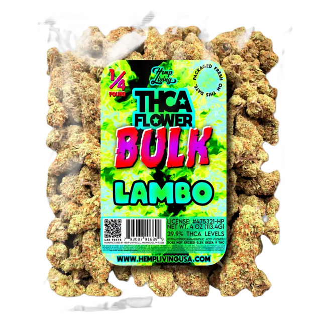 QP THCA Flower Bulk - Lambo in nitrogen-sealed 1/4LB bags. Premium Sativa-dominant strain with 29.9% THCA levels for CBD enthusiasts.