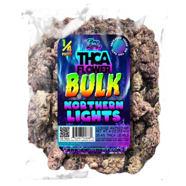 BULK THCA Flower - Quarter Pound of Northern Lights in nitrogen-sealed packaging. Premium CBD supplement with 25.4% THCA levels.