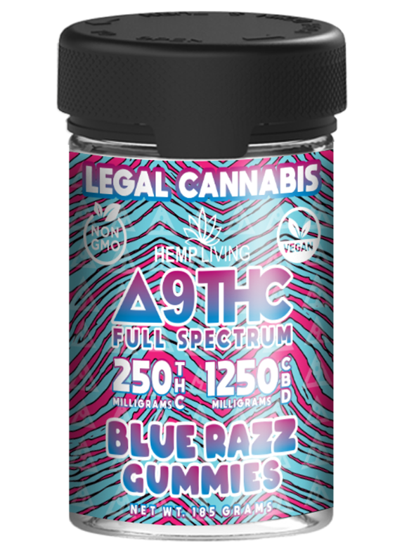 Delta 9 Full Spectrum CBD Gummies 25ct 1,250mg CBD 250mg Delta 9 THC – Blue Razz Hemp Living