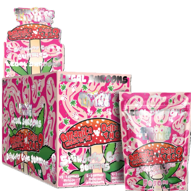 Amanita Muscaria D9 Strawberry Gummies packaging featuring vibrant pink and green design with psychedelic mushroom graphics. Contains 10mg Delta 9 and 10mg Muscimol per gummy.