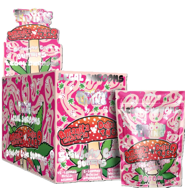 Amanita Muscaria D9 Strawberry Gummies packaging featuring vibrant pink and green design with psychedelic mushroom graphics. Contains 10mg Delta 9 and 10mg Muscimol per gummy.